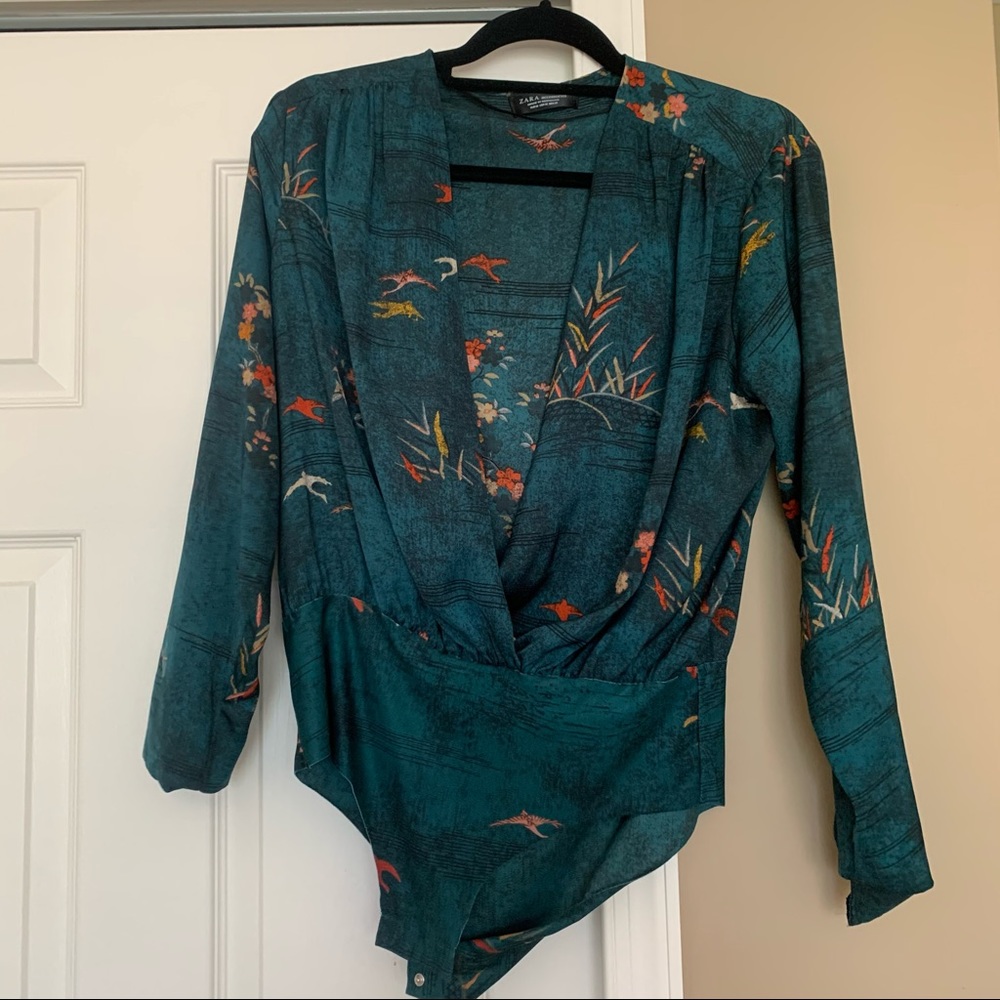 Silky satin emerald green Zara bodysuit